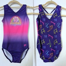 GK Elite Gymnastics Leotard Fip Side Purple Pink Ombre V-Neck Size AXS