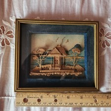 Vintage Chinese Hand Carved Cork Diorama Wall Art 6-1/4" x 5-1/4" Wood Frame