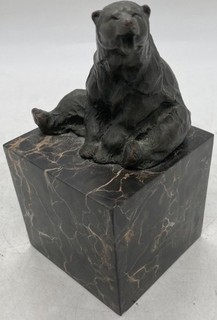 Black Marble Base With Bronze Bear Figurine Sculpture 4 Inches Tall