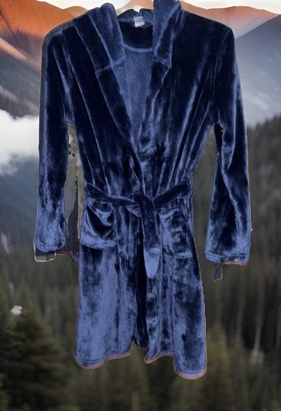 NWOT Lands End Soft ROBE Cozy Hooded NavyBlue Fleece  Unisex Sz 12  36”Cx37 Long
