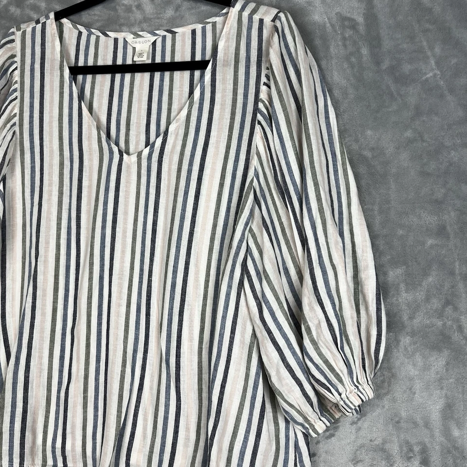 Tops Caslon para mujer grandes de mezcla de lino. Blusa pulóver a rayas manga abullonada Foto 3 de 4