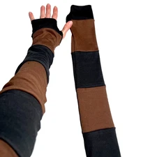 Long Striped Gloves Brown Hand Warmers Black Armwarmers Patchwork Sleeves Warm