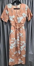 Sienna Sky Tan / Terra Cotta & Navy White Floral Faux Wrap Maxi Dress 