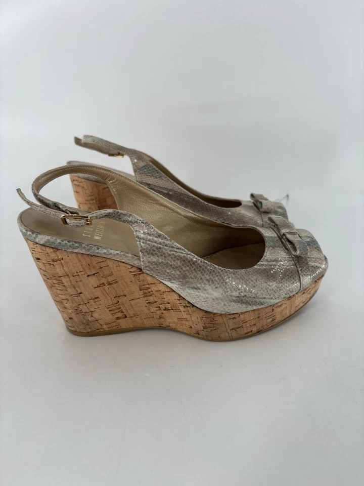Stuart Weitzman Dayna Cork Wedges Womens 5.5 Beige Snake Print Peep Toe Buckle - Image 2 of 4