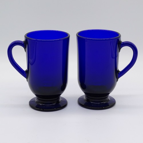2 Anchor Hocking Glass Blue Cobalt Coffee Mugs 8 Oz Handled Footed Ebay