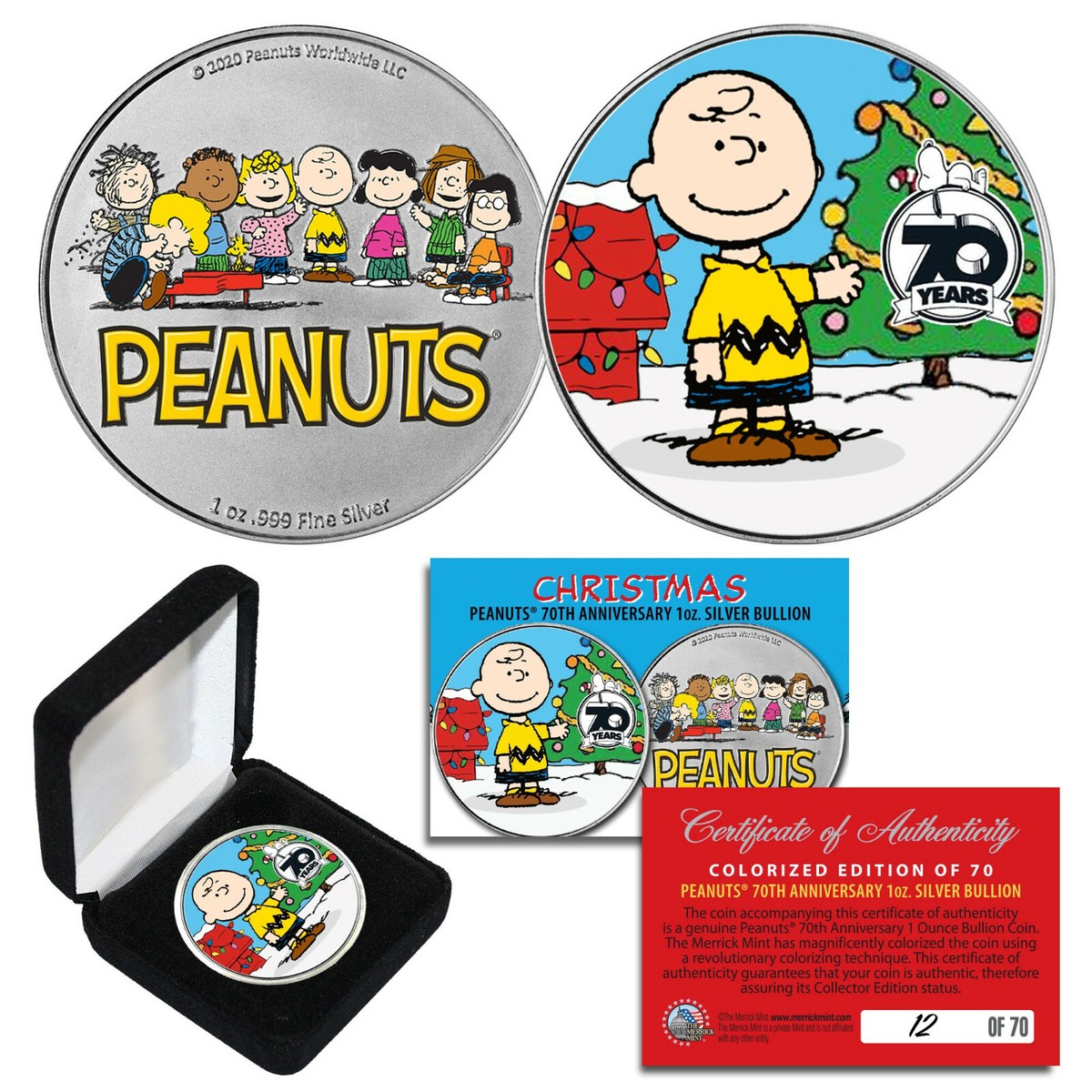2020 Peanuts Charlie Brown 70th Anniv 1 OZ .999 SILVER Coin S/N of