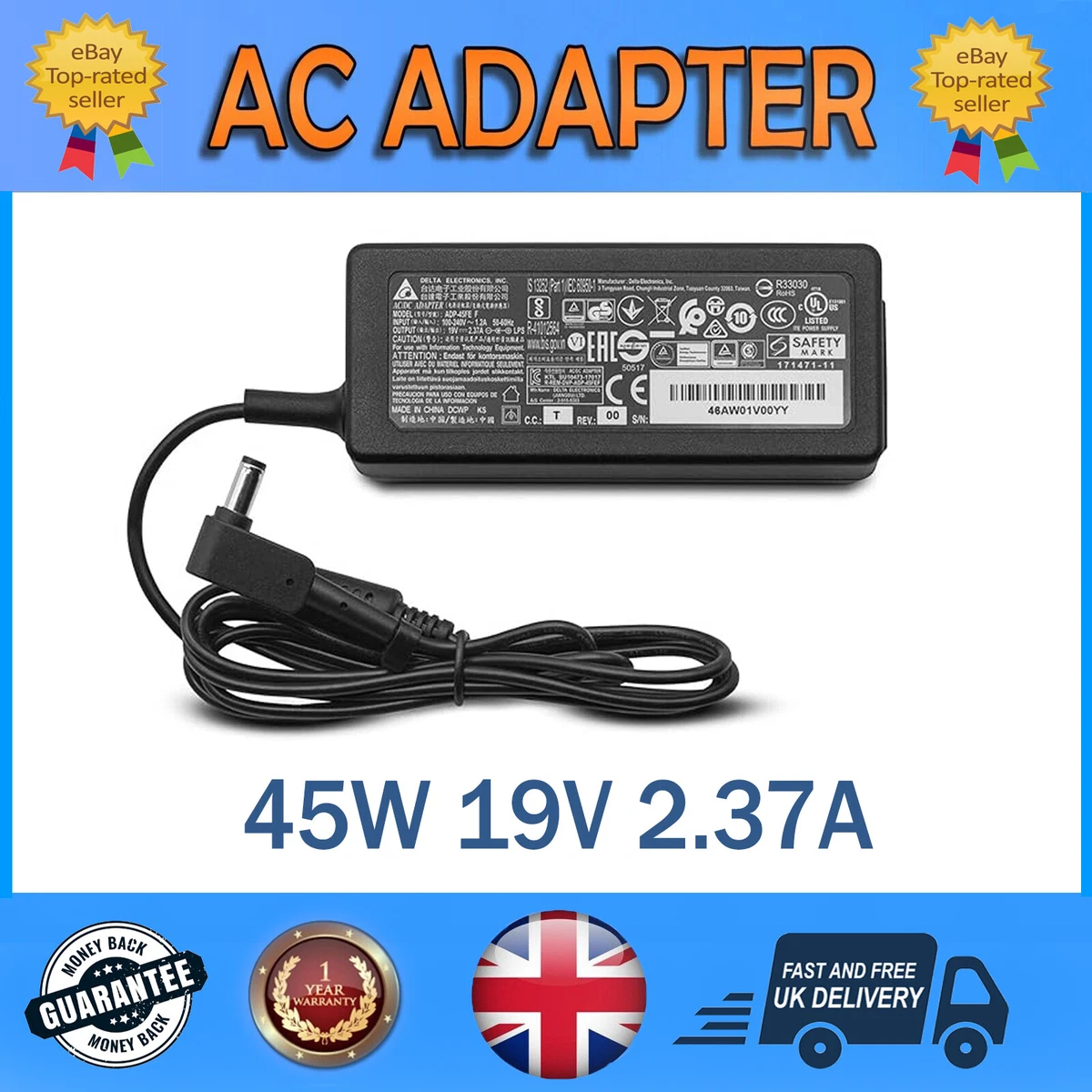 FOR ACER ASPIRE ONE D255E 13460 45W POWER ADAPTER 5.5MM X 1.7MM PIN