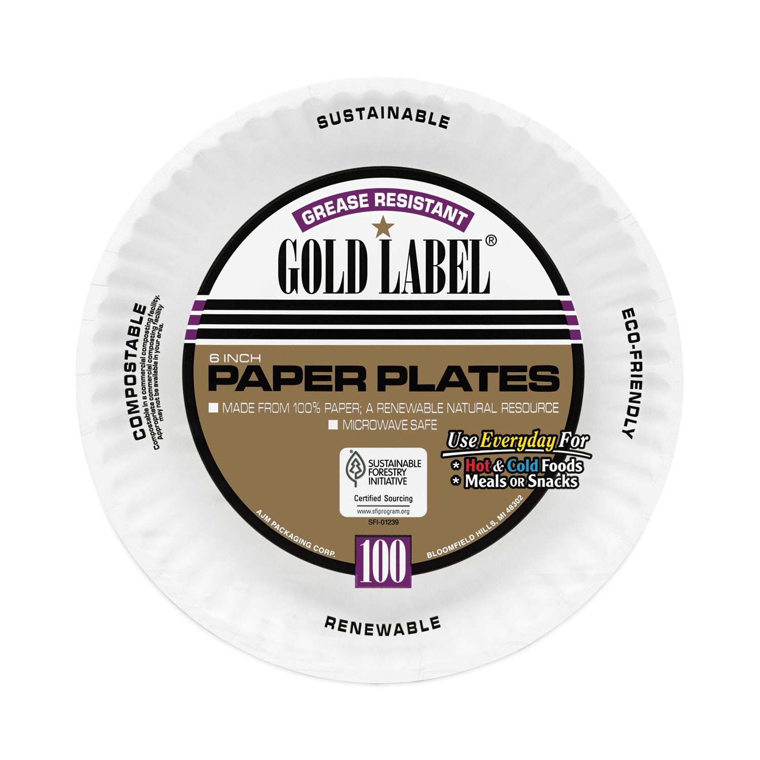 AJM Packaging Coated Paper Plates, 6 Inches, 100/Pack, 12 Packs/Carton