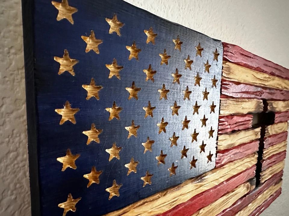 Handmade Rustic Wooden American Flag with Cross 10" x 18" - Image 3 of 4