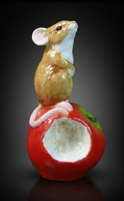 Mouse On Apple Hand Painted Fine Bone China Miniature Figurine