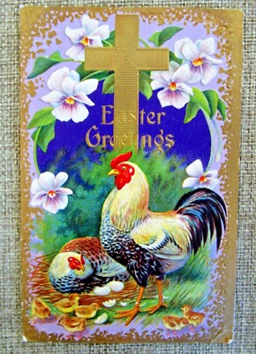 Antique Early 1900's Postcard Easter Greetings Cross Rooster Chicken Chicks Nest