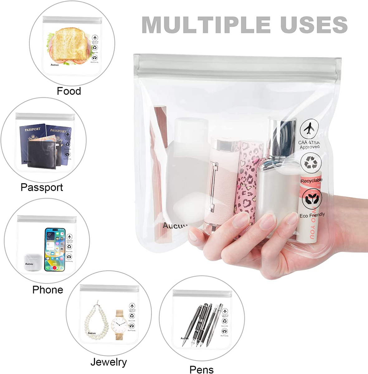 Geoyien 1-Liter Flüssigkeitenbeutel Set – 4 Durchsichtige TSA-Beutel 20x20 Cm, Wasserdicht, Inkl. 2 Bordkartenhüllen, Für Handgepäck