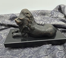 Bronze Edwardian Style Lion Sculpture 9" w/ Footed Black Marble Base NICE!