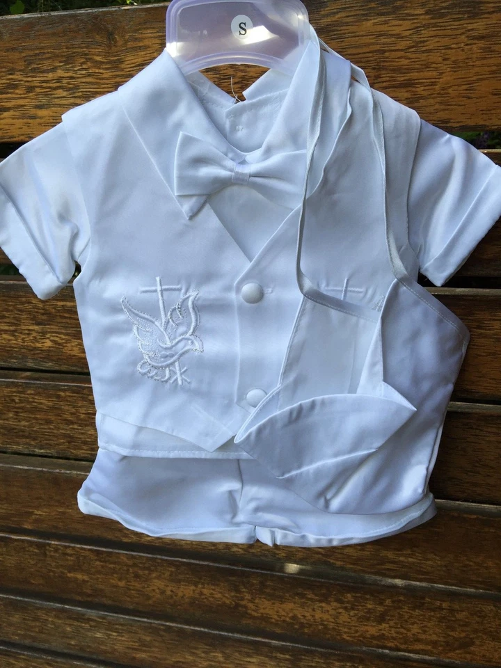 Boys baby child white short sleeves christening shower outfits suits 4 pcs set - Image 3 of 4