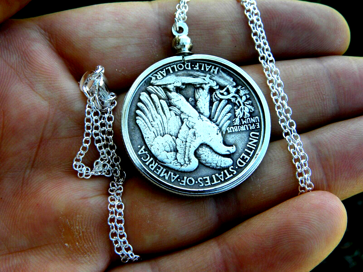 Necklace pendant 1945 authentic silver walking liberty half dollar