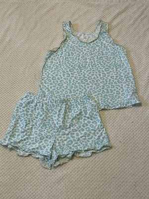 Bed Head Pajama Set Ruffle Tank Blue Animal Print Size Medium Organic Cotton