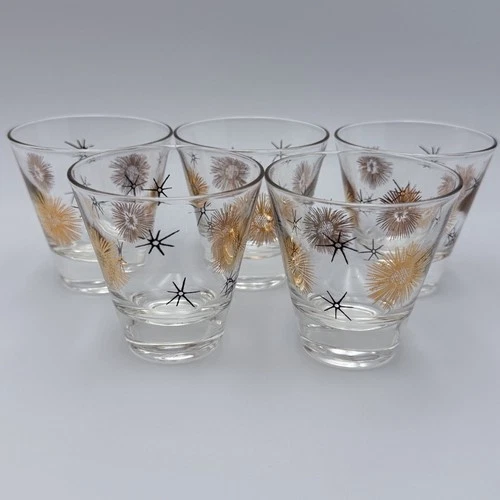 Vtg Mid Century Modern Atomic Starburst Gold & Black 4oz Cocktail Glasses Set 5