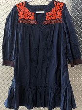 J. Crew navy popover dress size S cotton orange embroidered ruffle hem pockets