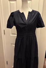 Quince 100% Organic Cotton Poplin Tiered Maxi Navy Dress Size Small