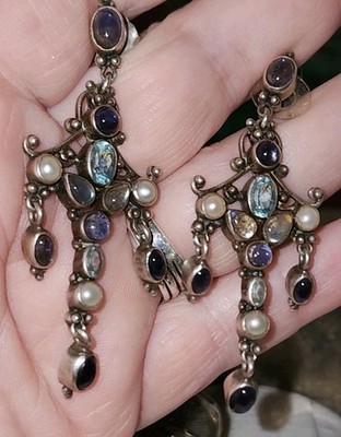 Purple Amethyst Cabochon Chandelier Dangle Earrings w/ Pearl Accents Sterling