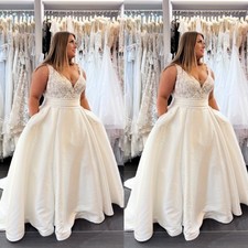 Plus Size Wedding Dress With Side Pockets V Neck A Line Bridal Gown Sweep Train