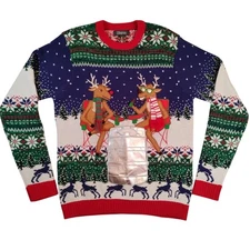 33 Degrees Sweater Mens Large Blue Green Reindeer Christmas Holiday Party Funny