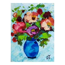 original oil painting Roses Abstract Flowers Vase artwork Floral art 7*5 in