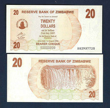 ZIMBABWE 20 DOLLARS P40 2006 x 1 Pcs UNC Bearer Cheque AA Prefix MONEY NOTE