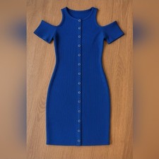 Forever 21 Blue Ribbed Dress Size Small Full Button Mini Cold Shoulder