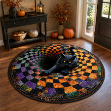 3D Black Cat Halloween Rug, Round Spooky Area Rug, Optical Illusion Floor Mat