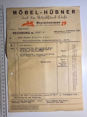 Rechnung 1938 Möbel Hübner, Berlin