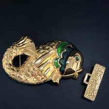 Doreen Ryan Gold Tone Belt Buckle Fish Blue Green Enamel Vtg