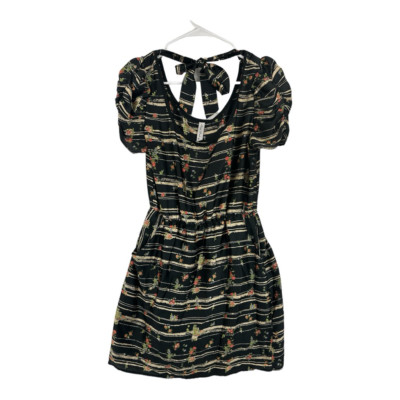 Final Touch Womens A Line Dress Multicolor Floral Ruched Short Puff Sleeve Bow M