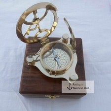 Antique Vintage Marine Collectible Brass Sundial Compass With Brown Wooden Box