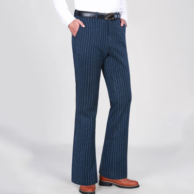 Men Casual Bell Bottom Vintage Flared Pants Business Striped Long Trousers  Slim