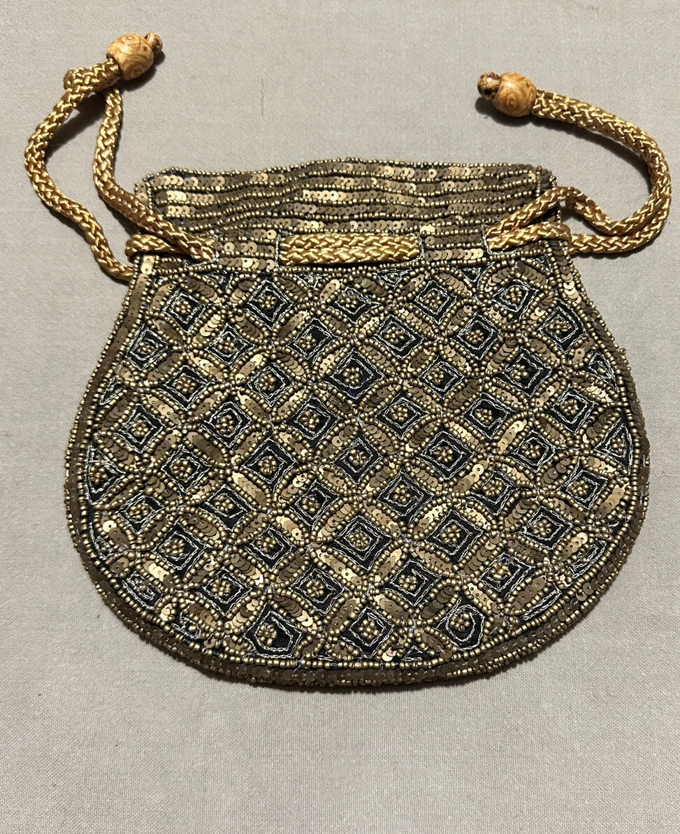 Potli Bag Beaded Drawstring Bag Coppery Bronze Sequins Satin Lined Pouch Bag