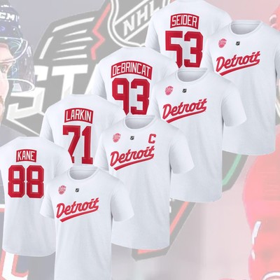 Patrick Kane, Alex DeBrincat Detroit Red Wings 2025 Stadium Series Name & Number