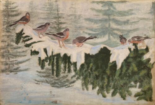 Pastell Bergfinken auf einem Ast im Winter Tanne Anonym 29,7 x 43,7 cm - Bild 1 von 7