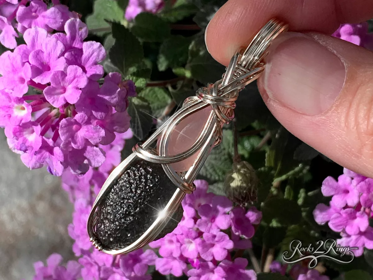 Moldavite with Rose Quartz Crystal Necklace Pendant Czech Republic
