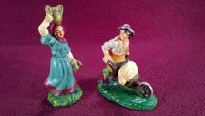 VINTAGE COMPOSITION FARM 5" FIGURES MAN/WHEEL BARREL  WOMAN/JAR ON HEAD