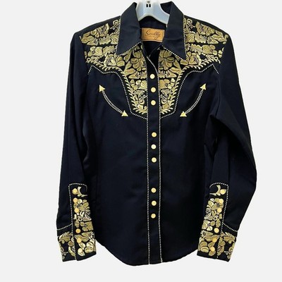 Scully Western Gold Metallic Embroidered Floral Pearl Snaps Women s Size Small 