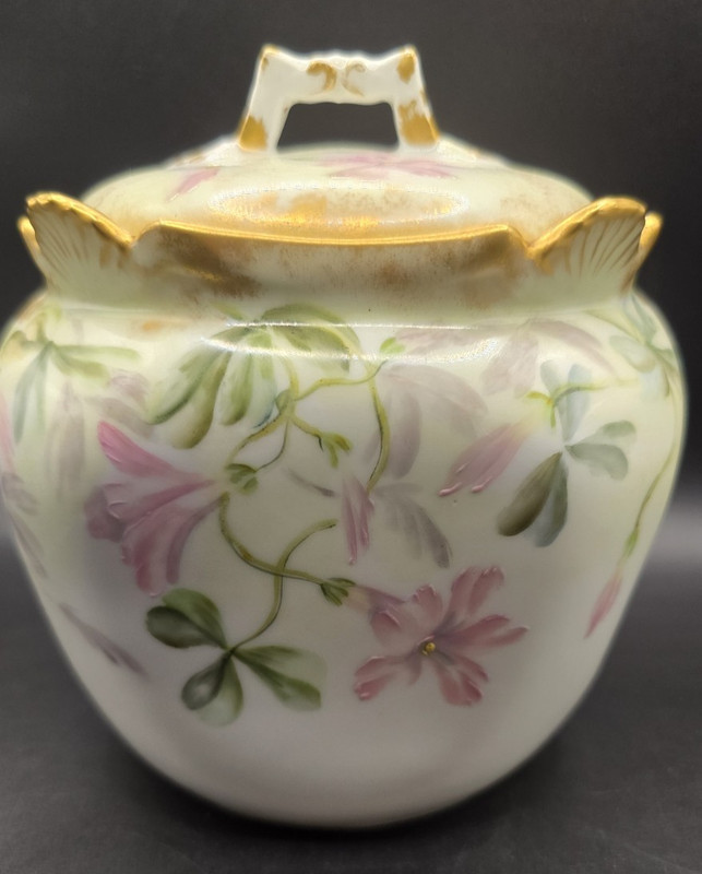 Antique Limoges T&V Handpainted Biscuit Jar with Lid &Gold Trim -France