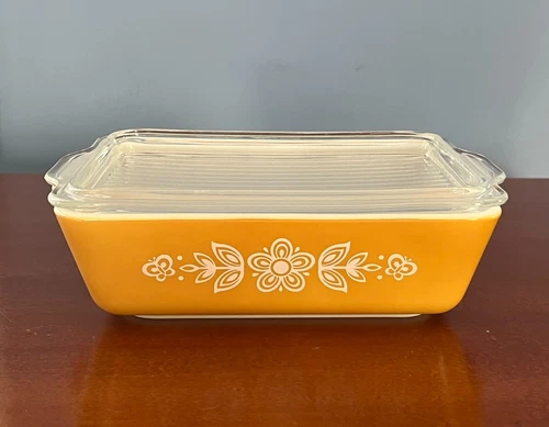 VINTAGE PYREX BUTTERFLY GOLD LARGE REFRIGERATOR DISH #503 1 1/2 QT W/ LID