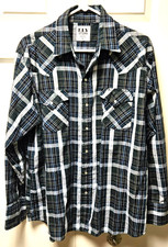 Vintage Ely Cattleman Western Shirt Men's Black Blue Plaid Pearl Snap Size XL