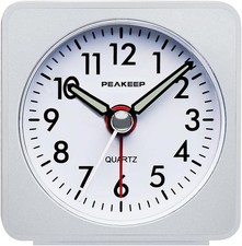 Ultra Small, Battery Travel Alarm Clock with Snooze and Light, Silent White