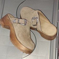 Tan and Silver Mules with Suede Finish and Buckle .