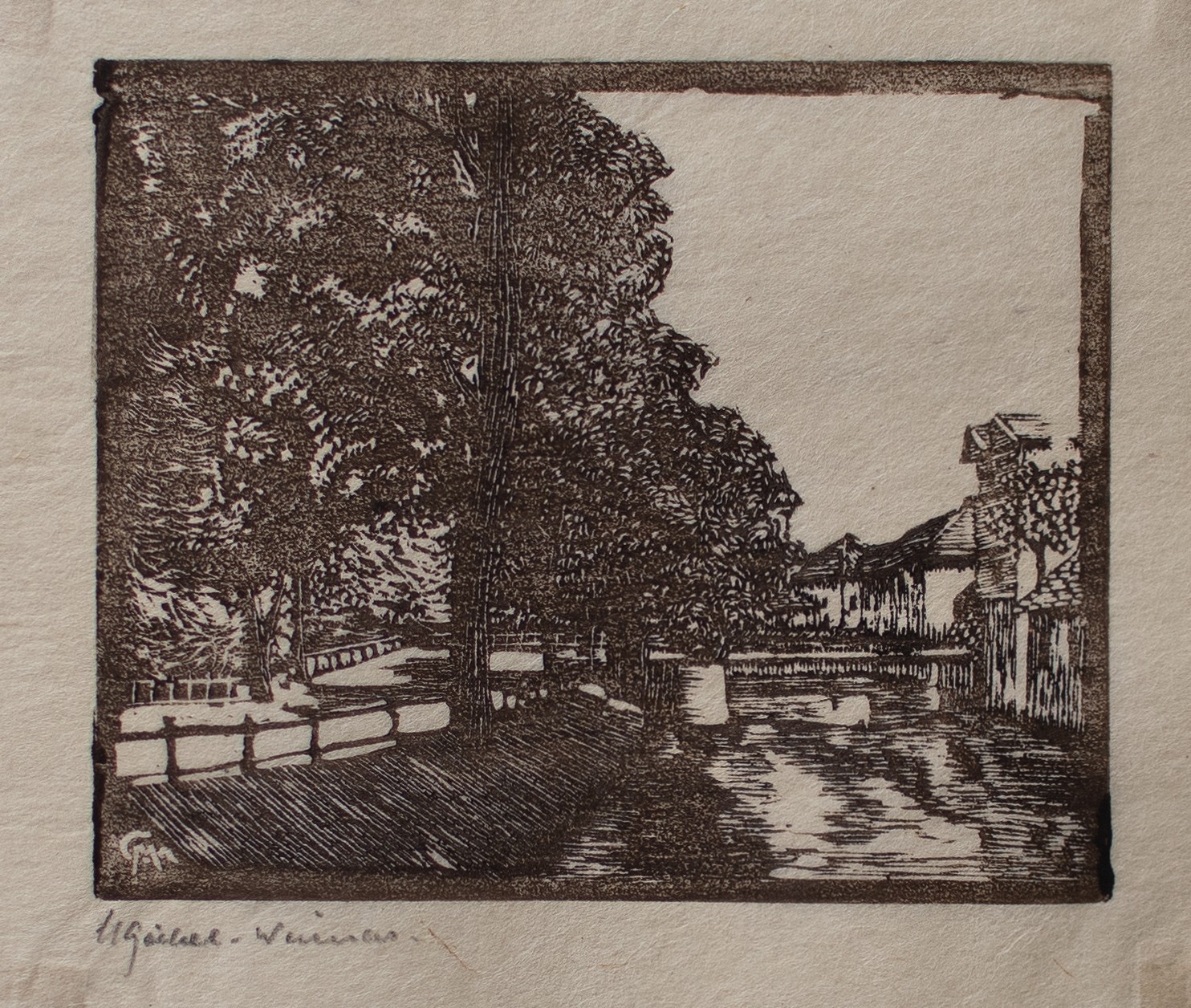 Margarethe Geibel Erfurt Gera vista de la ciudad firmada grabado en madera original 1912