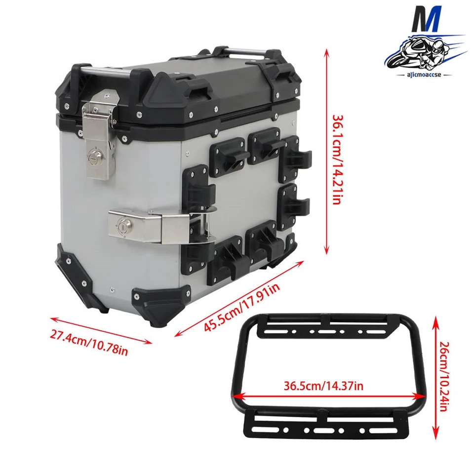 Silver 36L Motorcycle Side Case Hard Saddlebag Box Trunk Tour with Support Racks - Image 2 of 4