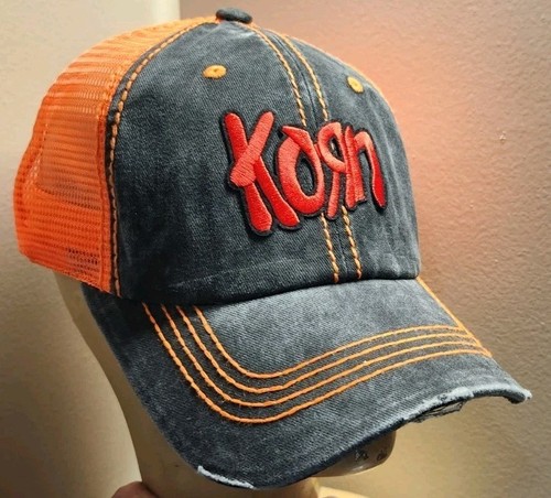 Korn Trucker Hat Distressed Baseball Cap Black & Orange Meshed Korn Hat - Picture 2 of 15