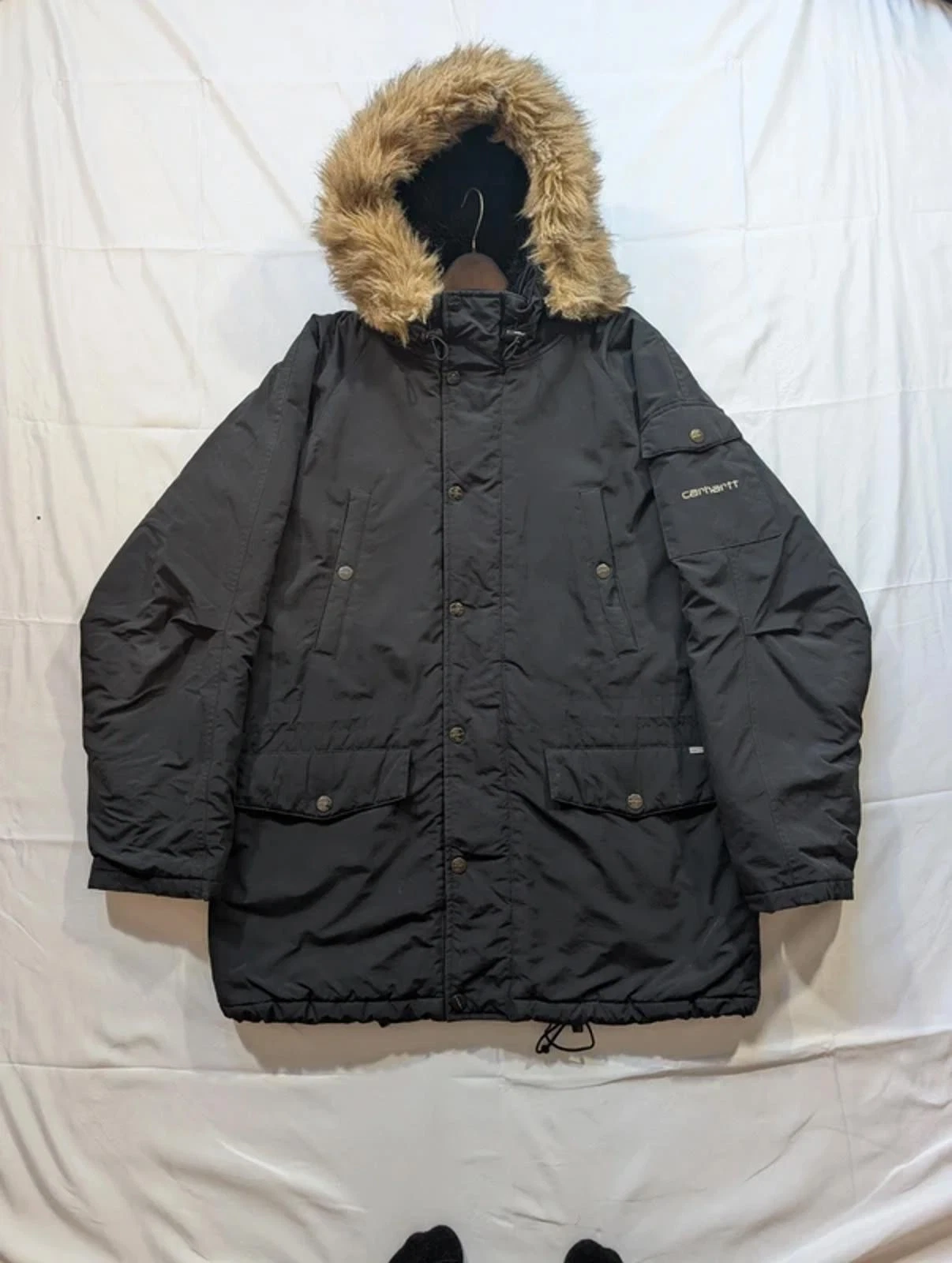 Carhartt Anchorage Parka Jacket Large Black Hooded Fur Coat Insulated Workwear